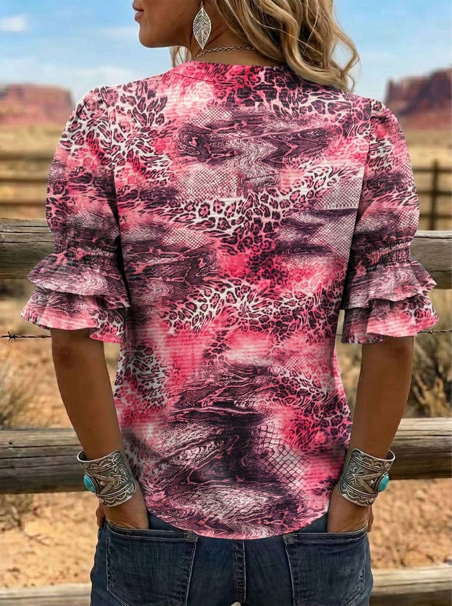 Women's Leopard Print Puff Sleeve Casual Shirt