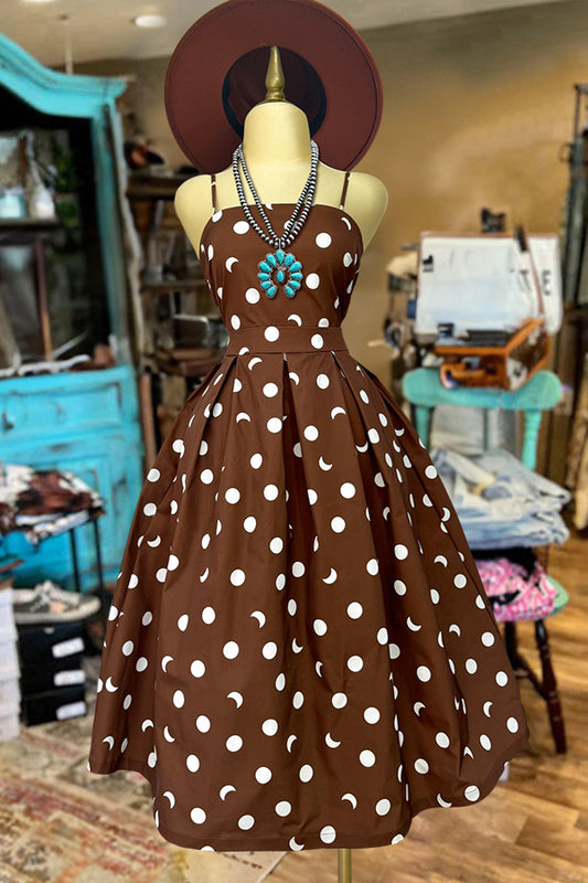 Retro Polka Dot Moon Print Ruffle Dress