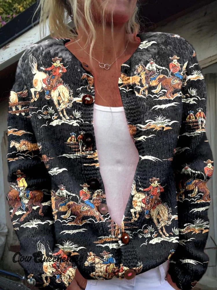 Retro Leather Embossing Pattern Print Buttoned Cardigan Sweater