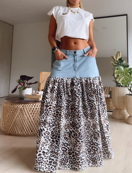 Denim Leopard Print Patchwork Skirt