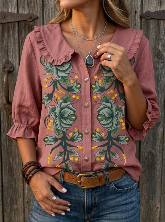 Vintage Floral Print  Peter Pan Collar Shirt
