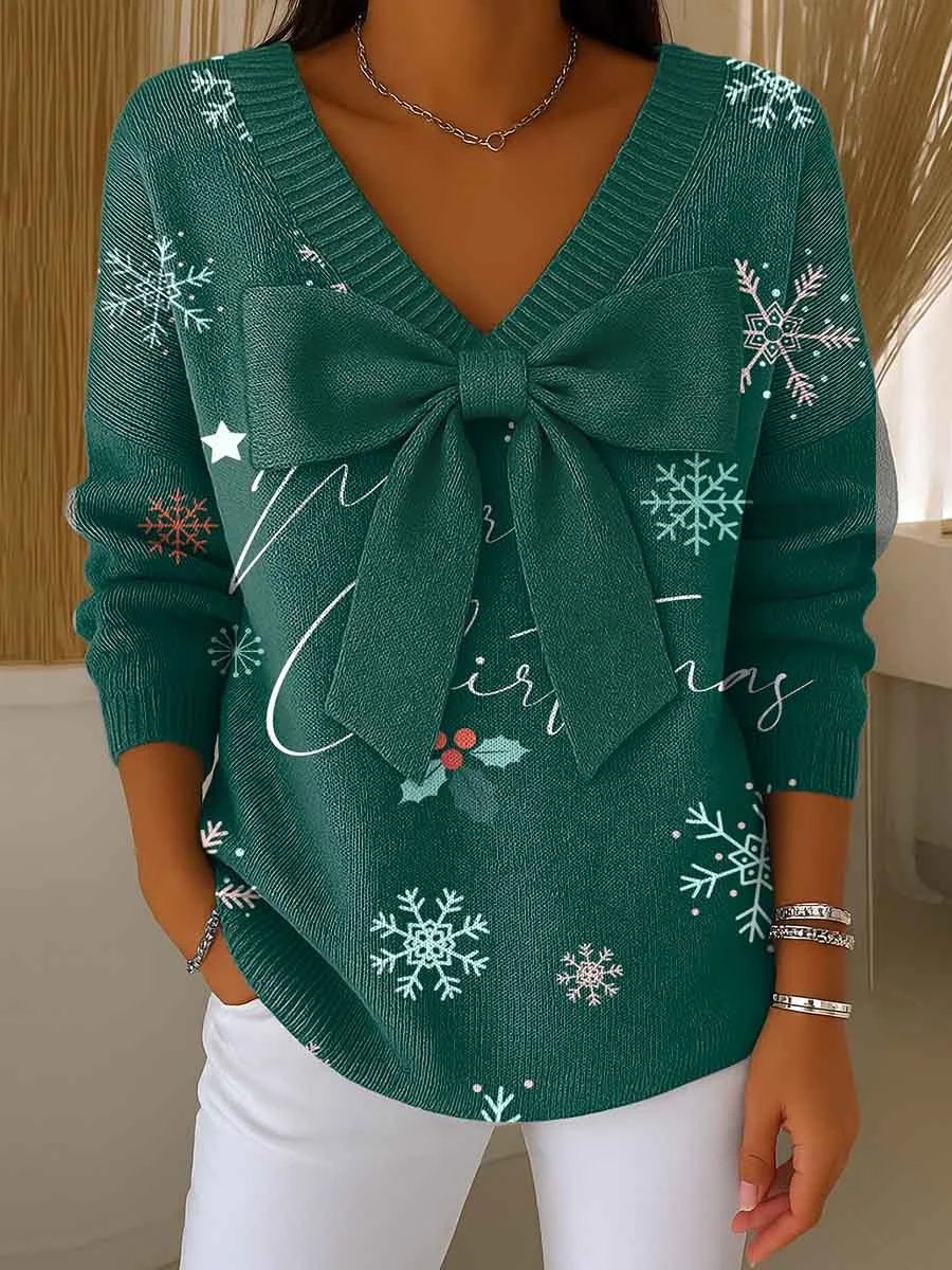 Women's Christmas Print Bowknot V-Neck Long Sleeve Casual Pullover