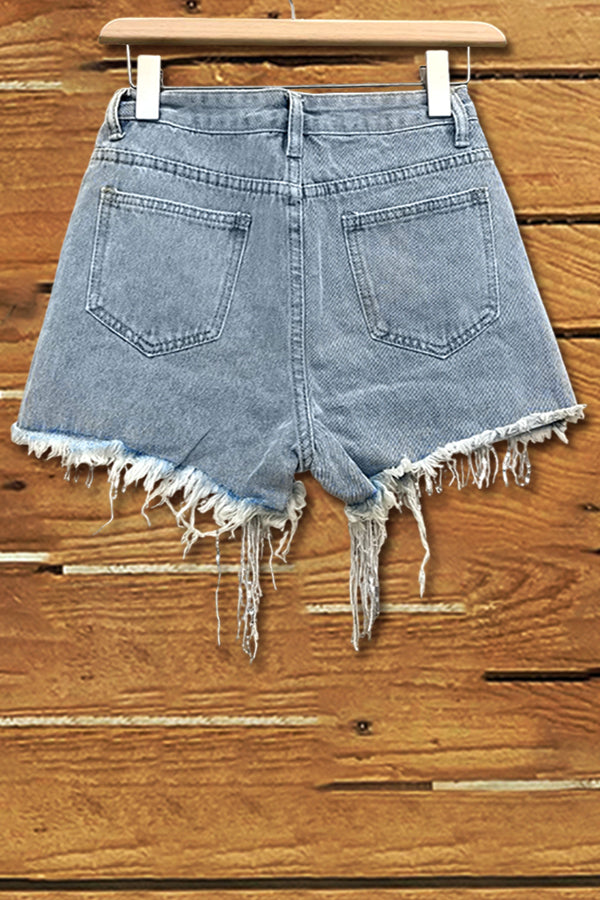 Stylish Fringed Diamond Beaded Denim Shorts