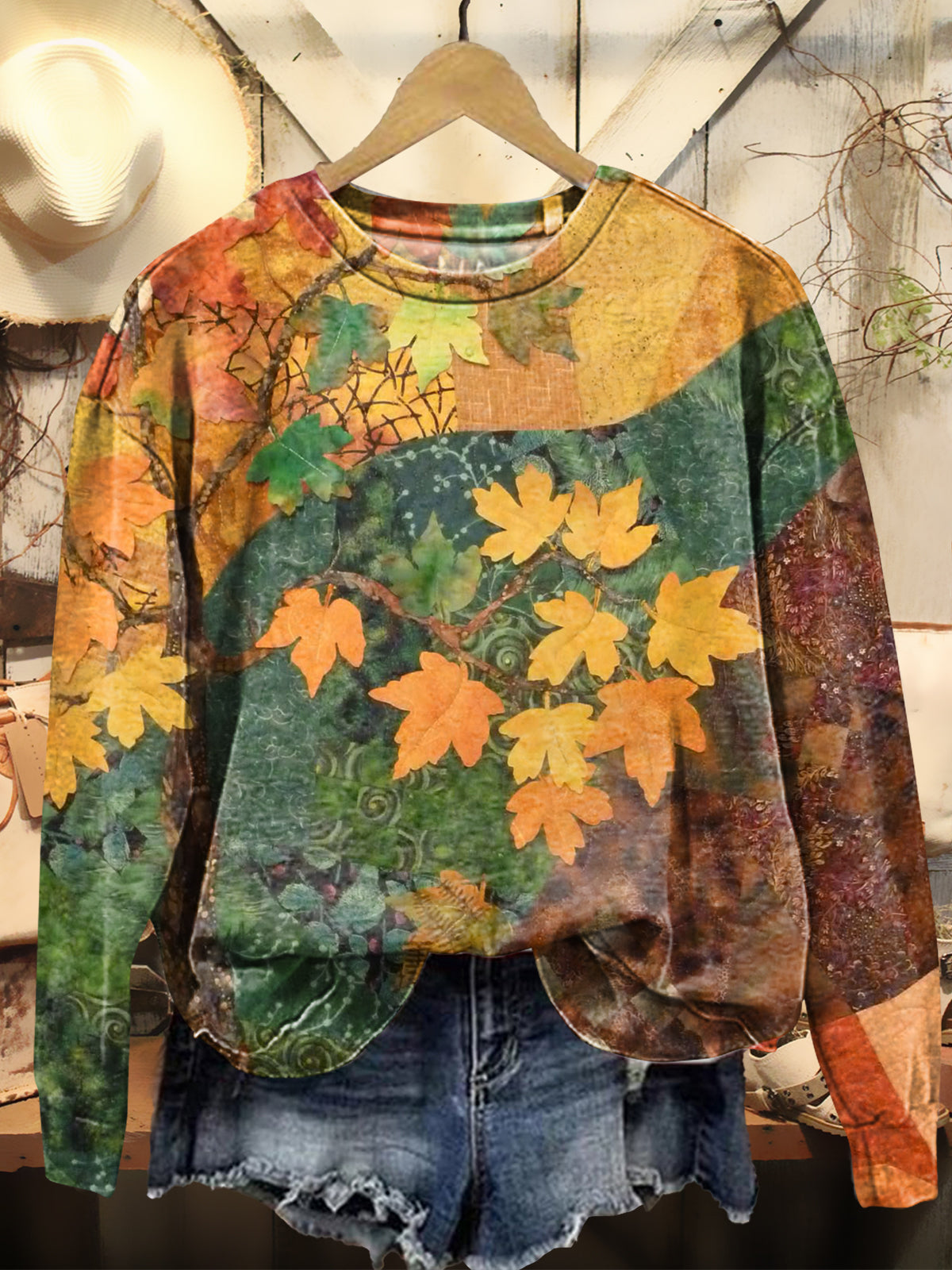 Women's Bohemian Leaf Collage Art Print Casual Crew Neck Sweatshirt