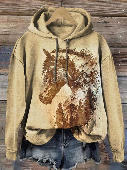 Vintage Western Horse Print Cotton Casual Hoodie Sweatshirt