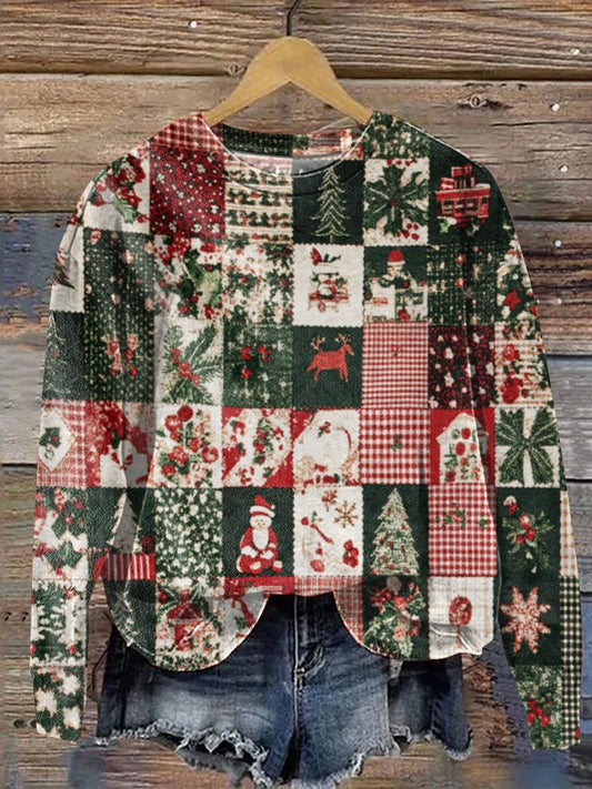 Vintage Christmas Patchwork Art Print Casual  Sweatshirt