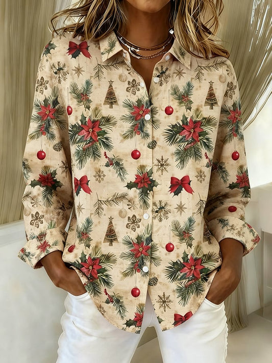 Women's casual contrast color autumn and winter Christmas print shirt
