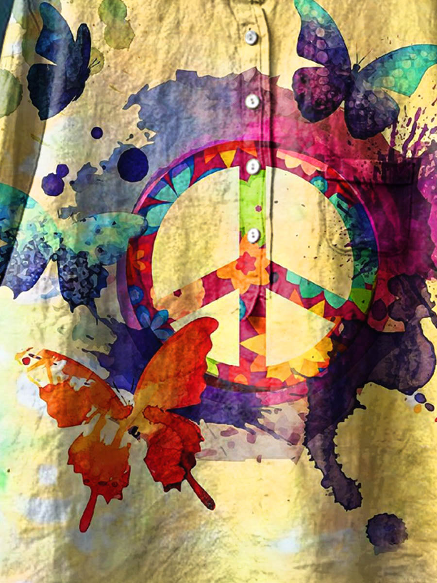 Peace And Love Butterfly Art Pattern Print Casual Cotton And Linen Shirt