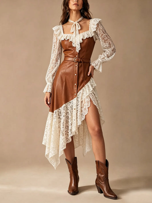 Brown PU Leather Corset Bodice Lace Sleeve Tie Neck Belted Asymmetric Hem Western Midi Dress