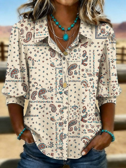 Women's Vintage Print Casual Puff Sleeve Denim Shirt
