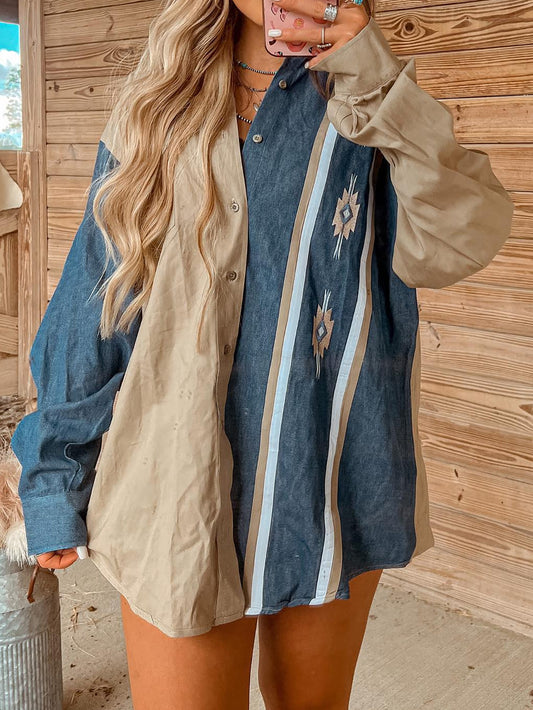 Khaki & Blue Patchwork Oversized Shirt