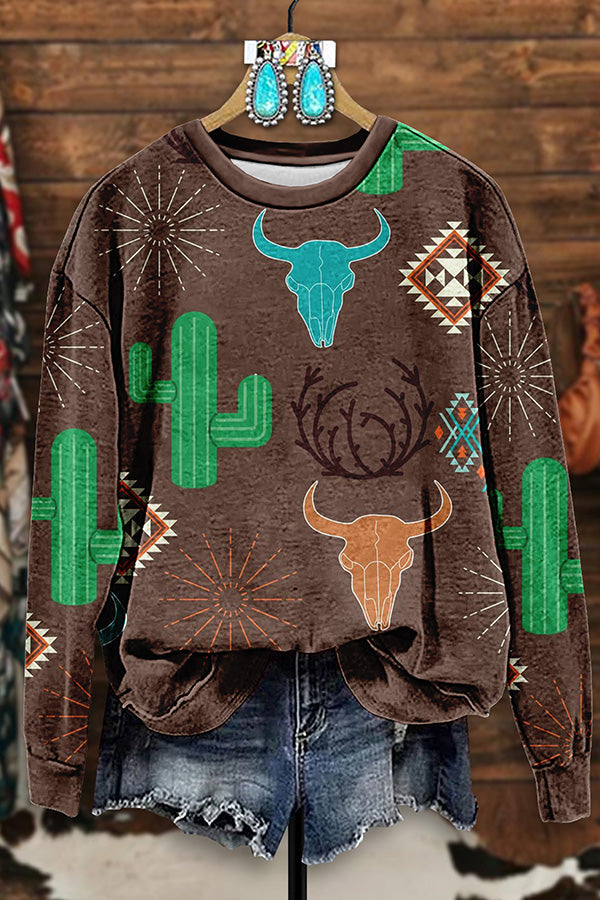 Retro Western Bull Head Cactus Print Sweatshirt