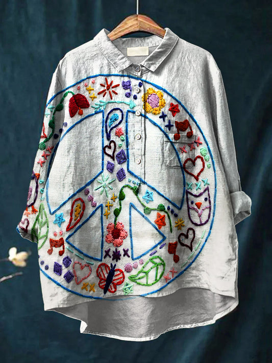 Women's Vintage Peace Art Print Casual Cotton And Linen Shirt