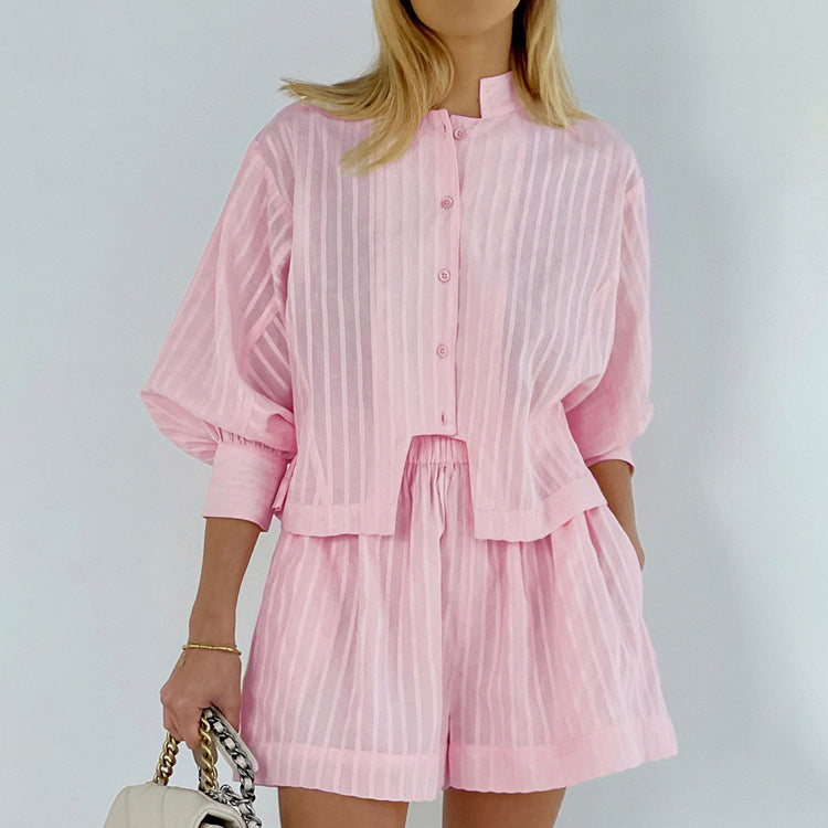 Cardigan Shorts Striped Suit Two-Piece Set