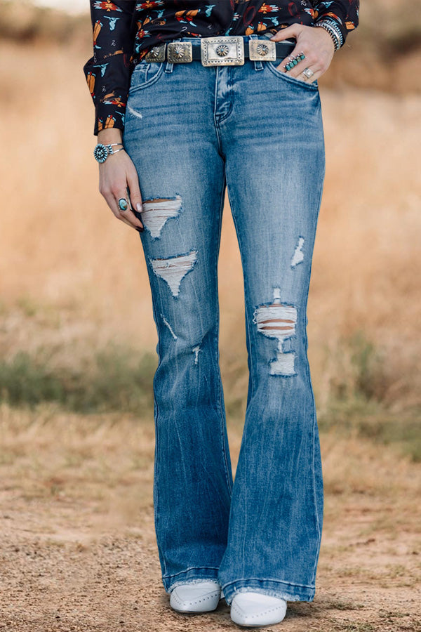 Vintage Washed Ripped Flared Jeans