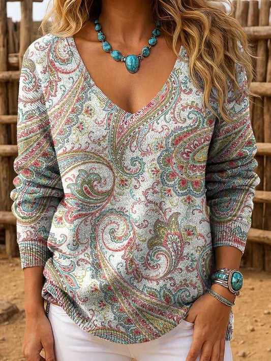 Women's Casual Western Print Retro V-Neck Top
