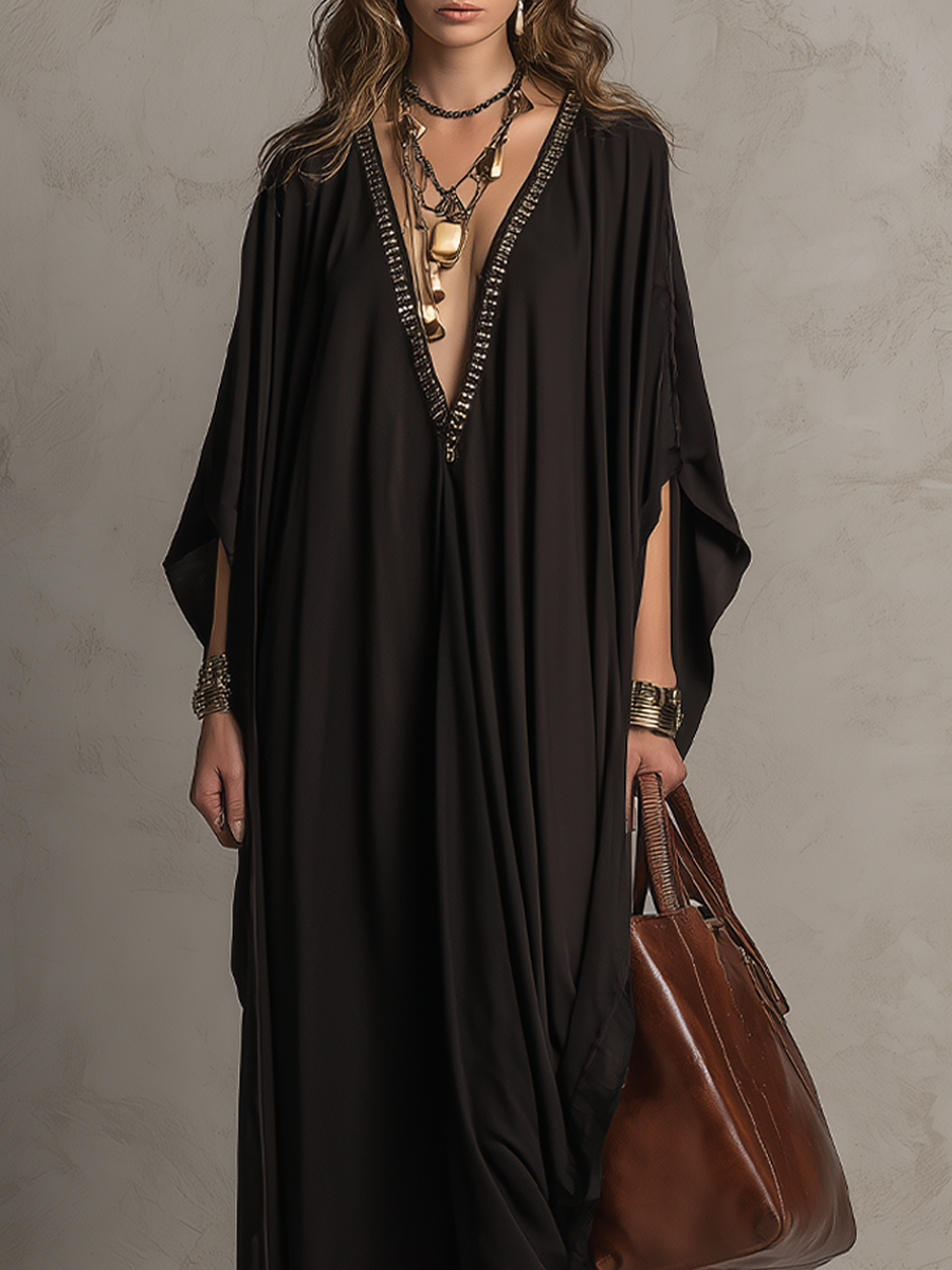 Black Bohemian V Neck Sequined Maxi Dress