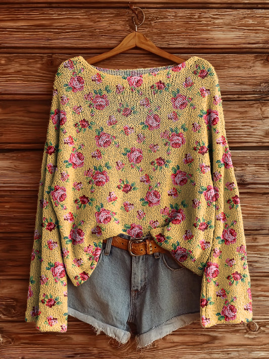 Women's Vintage Floral Art Print Casual Pullover Sweater