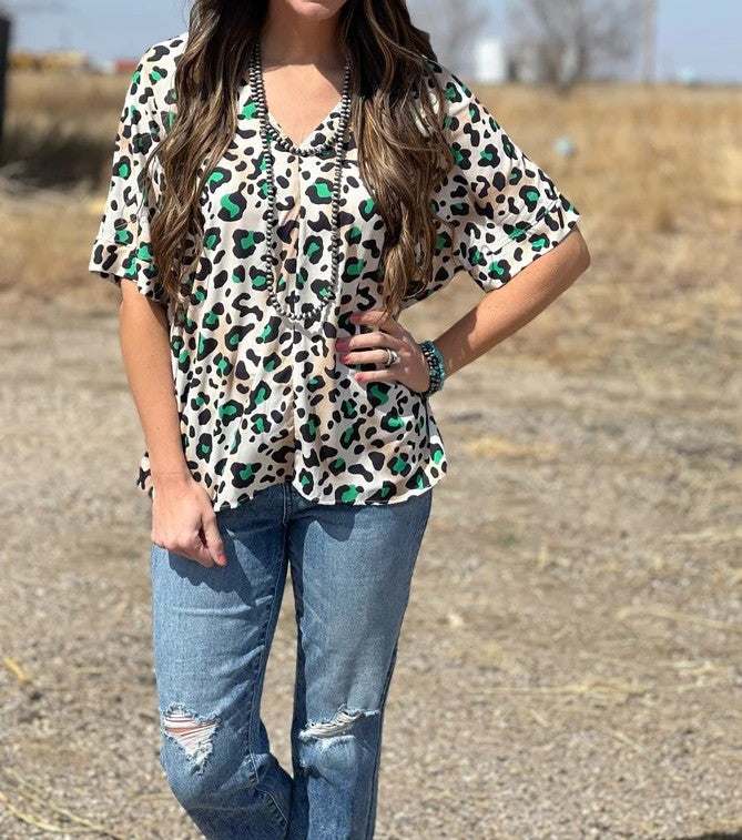 JOY CREAM & GREEN LEOPARD BLOUSE