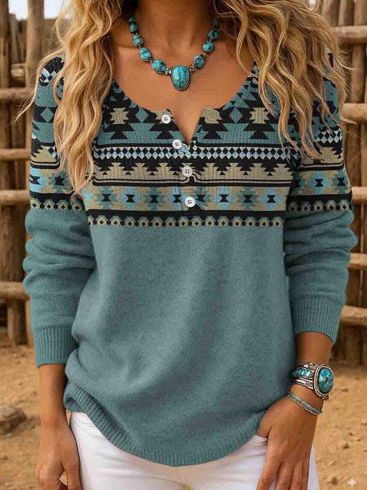 Women's Vintage Aztec Print Henley Neck Sweater Top