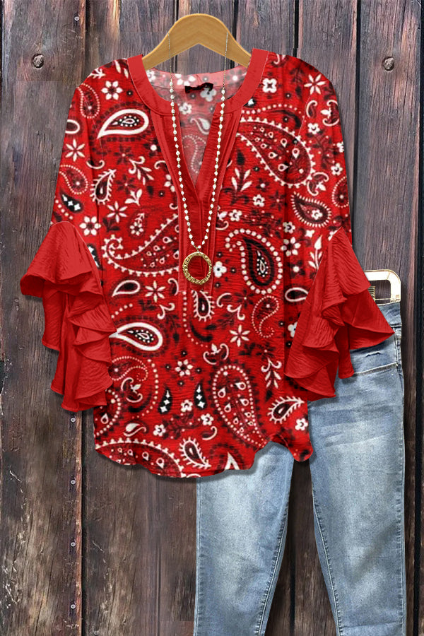 Paisley Print Ruffle Sleeve Top