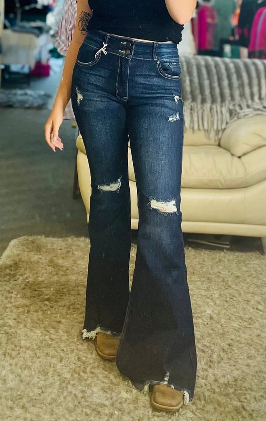 Dark Wash Ripped Super Flare Jeans