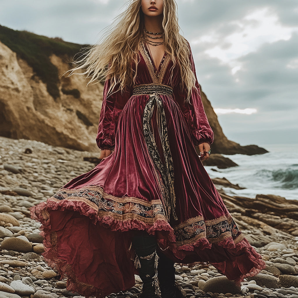 Breezy Bohemian Beach Vacation Autumn And Winter Velvet Ethnic Style Fluttering Dress