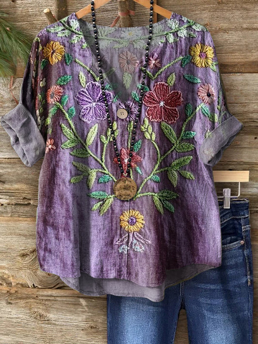 Women's Vintage Ethnic Floral Art Print Casual Cotton Linen Shirt