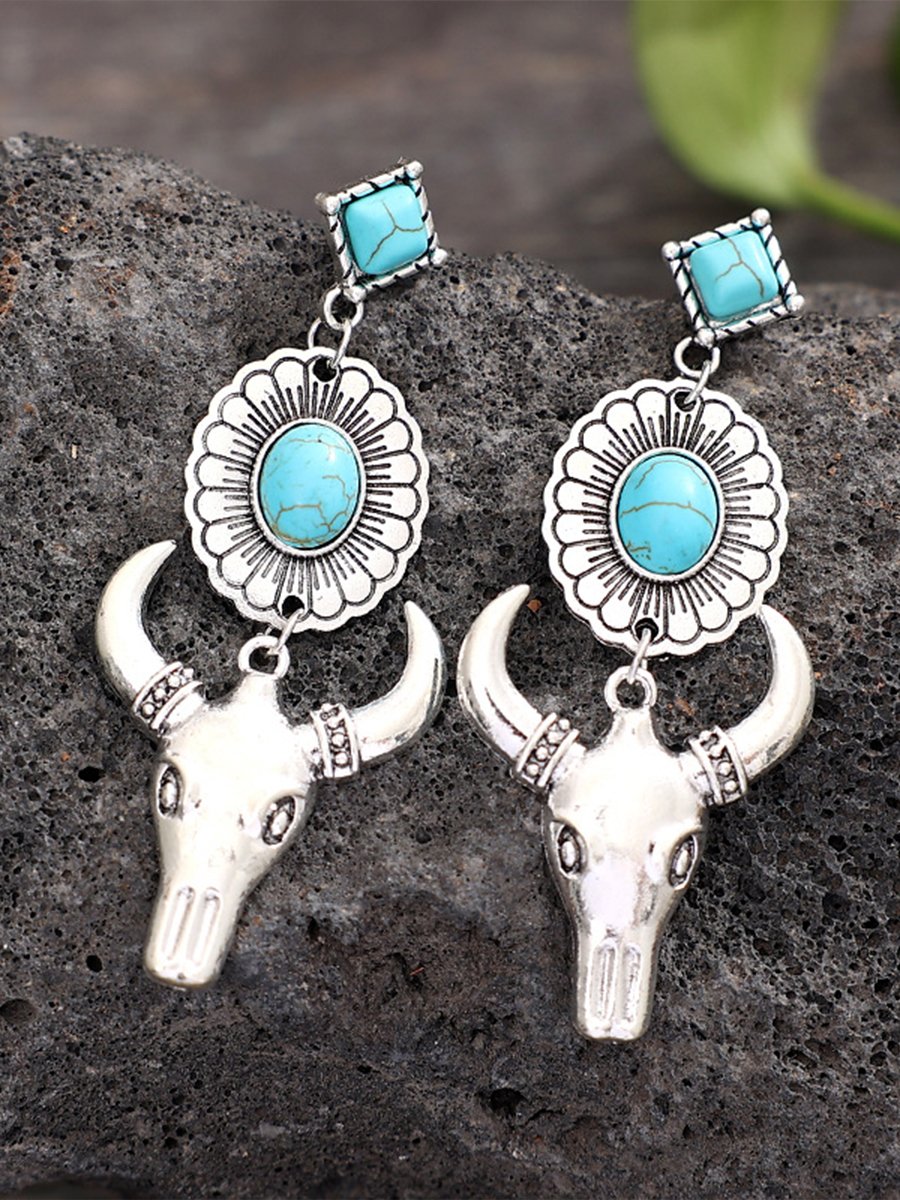 Vintage Western Bull Head Turquoise Earrings