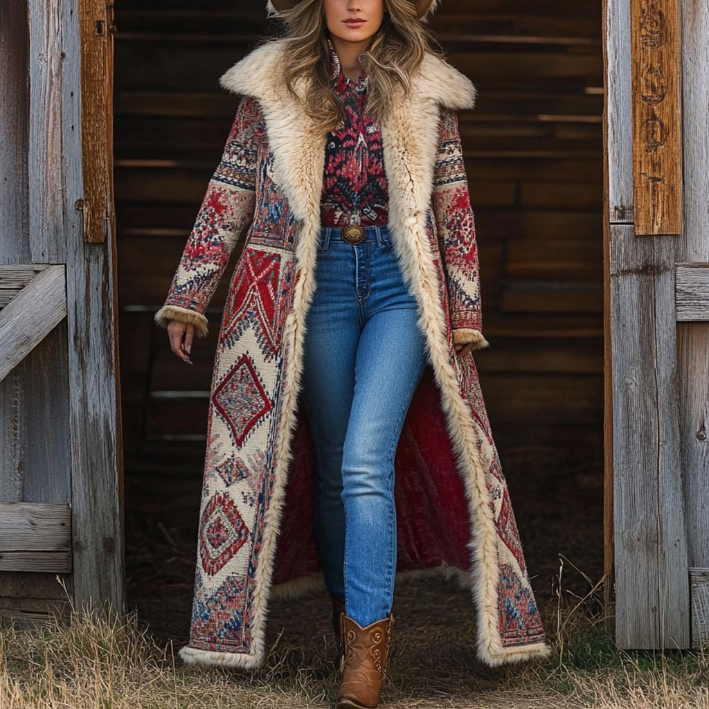 Western Retro Style Women's Aztec Print Coat Plush Autumn And Winter Warm Coat