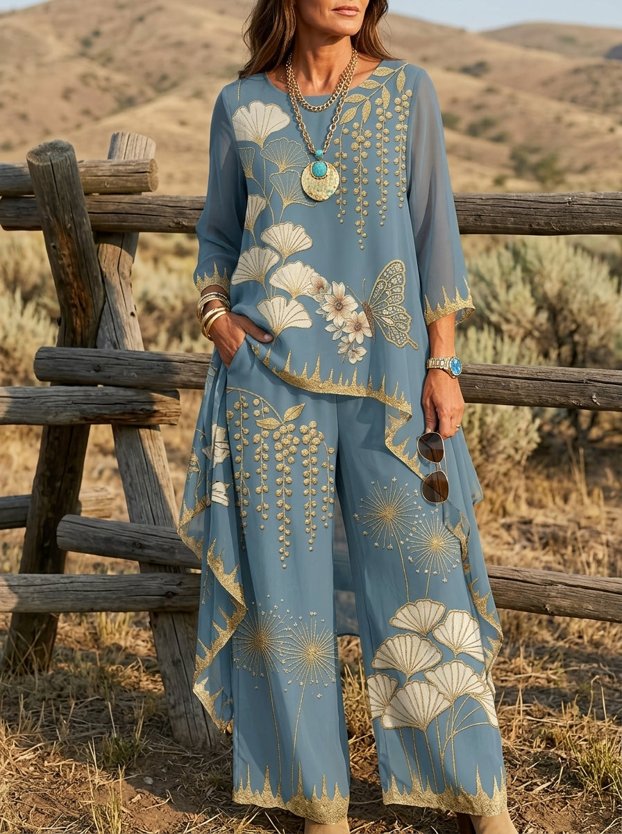 Vintage Butterfly Flower Print Casual Suit
