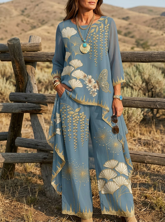 Vintage Butterfly Flower Print Casual Suit