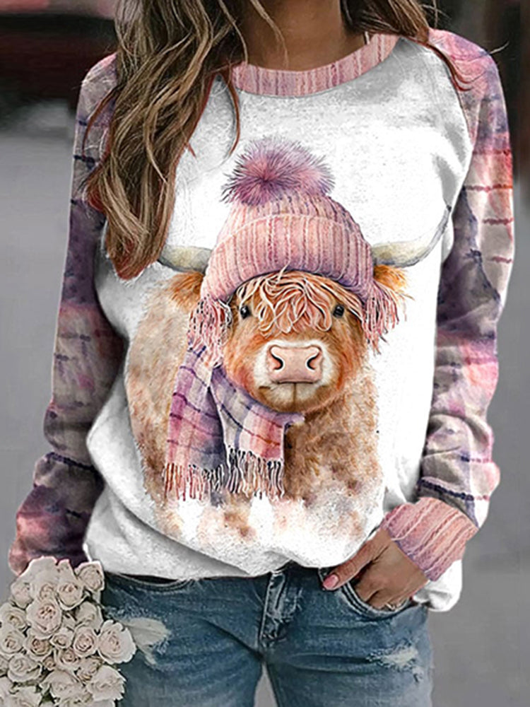 Western Highland Cows Print Crew Neck Sweatshirt