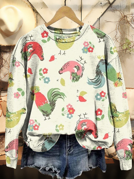 Women's Funny Chicken Art Print Casual Crew Neck Sweatshirt