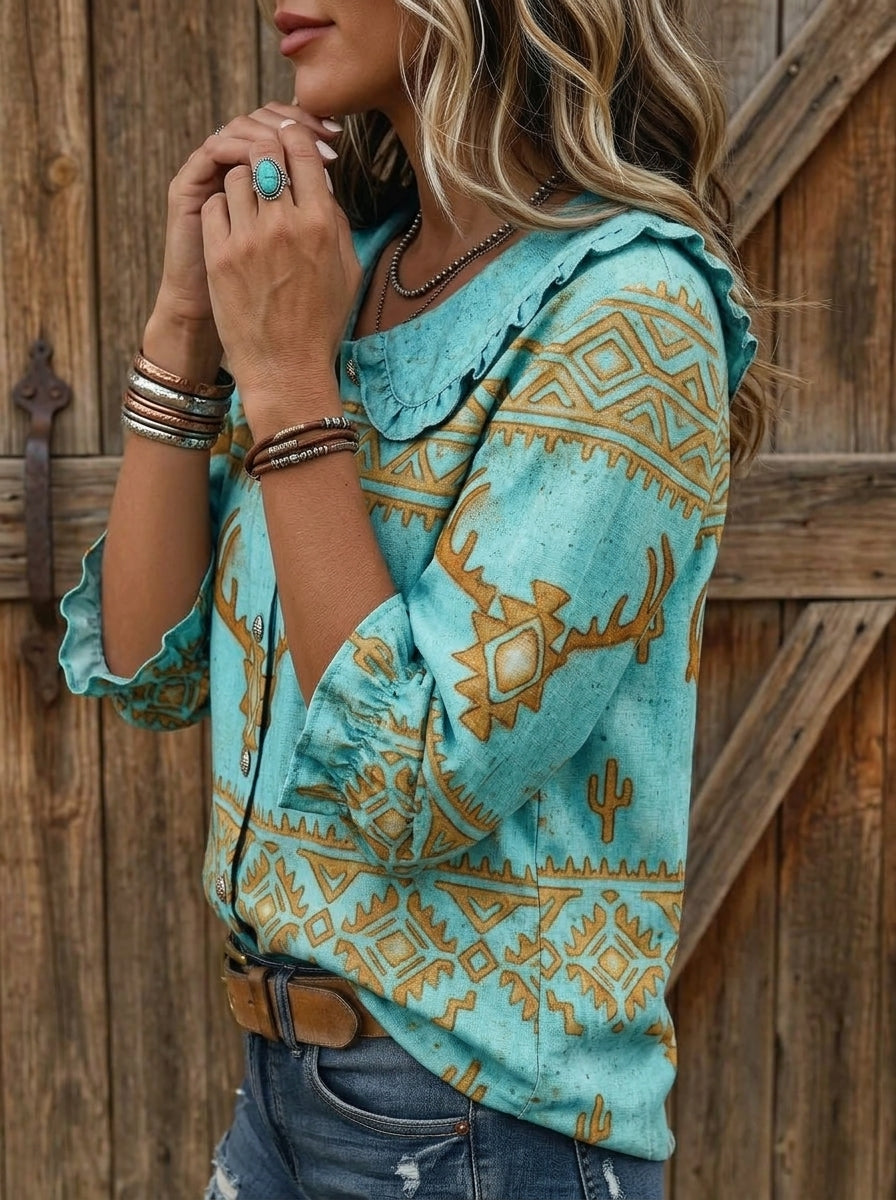 Vintage Western Art Print Peter Pan Collar Shirt