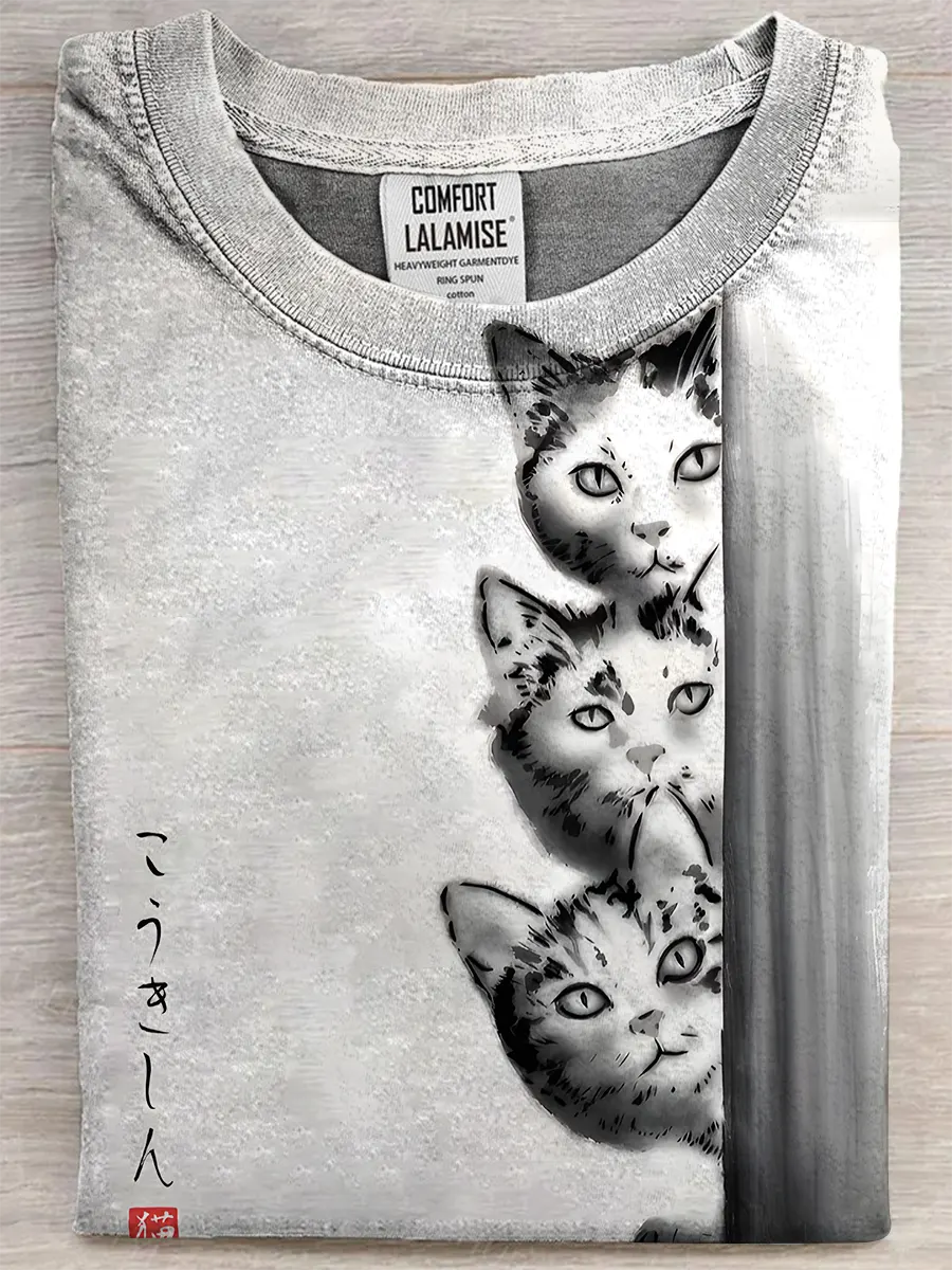 Retro Cat Fun Art Print Casual Pure Cotton Short Sleeved T-shirt