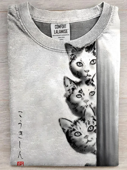 Retro Cat Fun Art Print Casual Pure Cotton Short Sleeved T-shirt