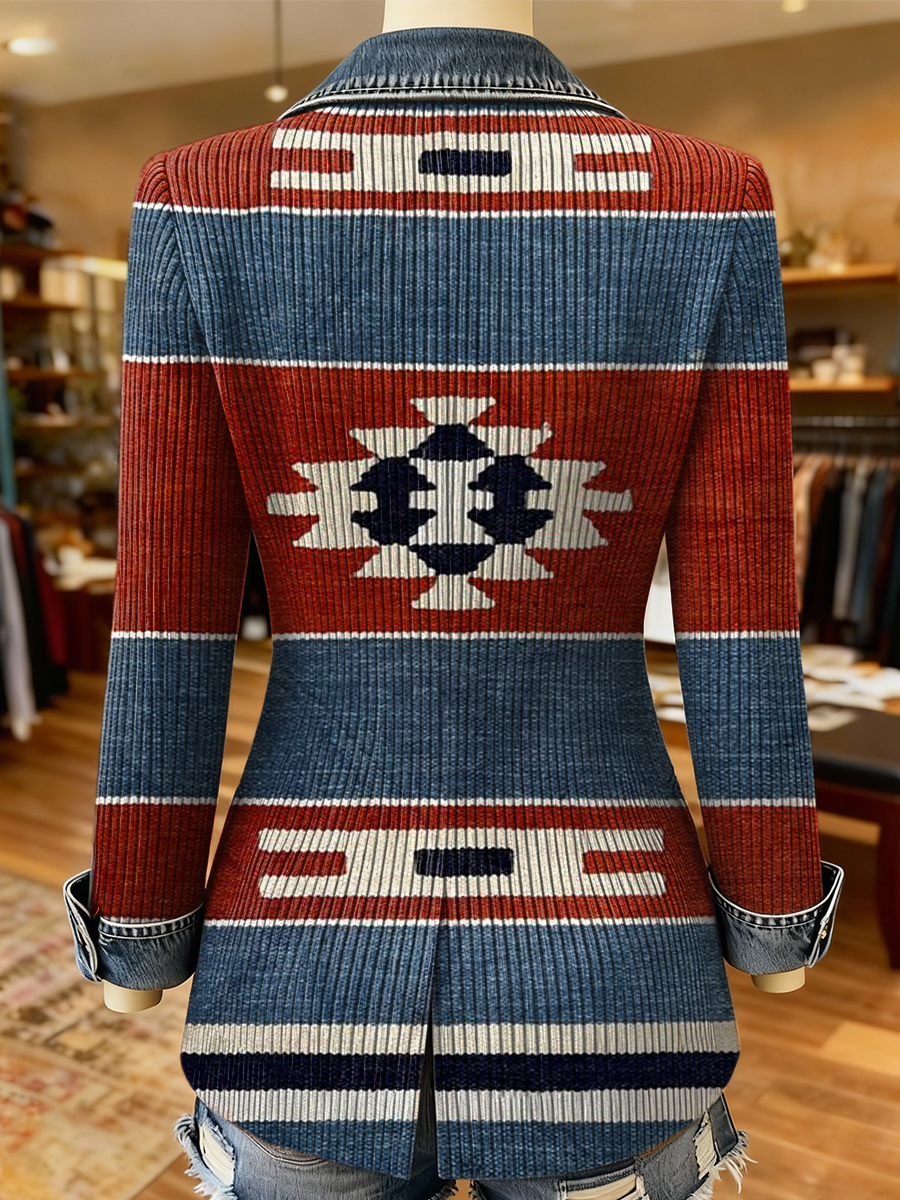 Vintage Aztec Art Print Patchwork Denim Sweater Cardigan Coat