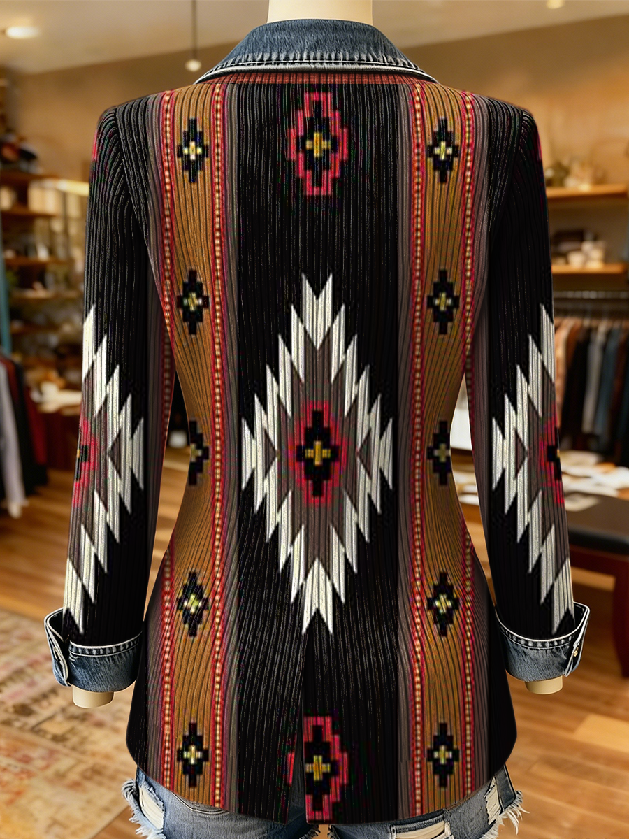 Vintage Aztec Art Print Patchwork Denim Sweater Cardigan Coat