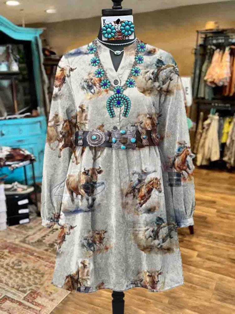 Women's Velvet Western Cowboy Print Dress