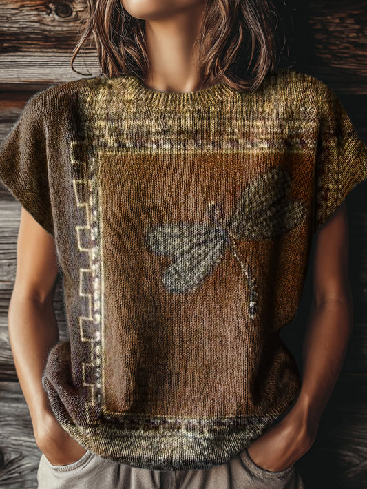 Women's Vintage Dragonfly Pattern Art Print Casual Crew Neck Short Sleeve Knitted Sweater