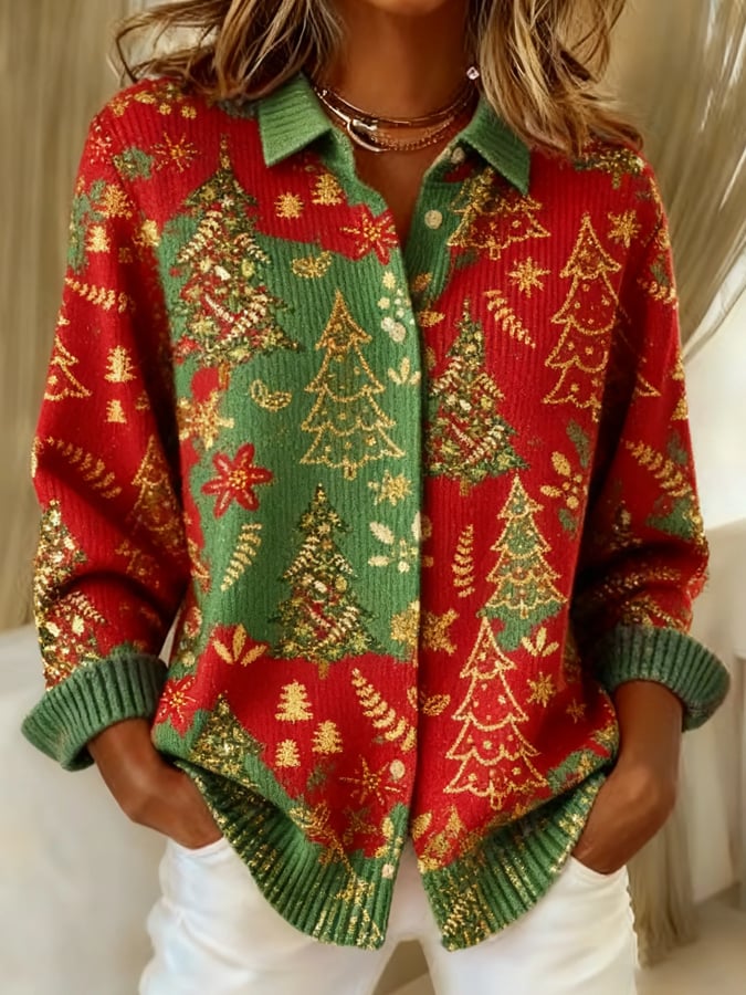 Women's Retro Christmas Print Casual Cardigan