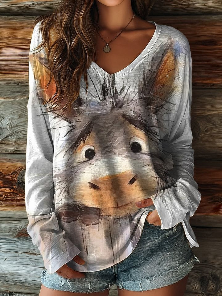 Vintage Cute Donkey Art Prints Casual T-shirt
