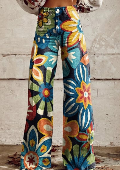 Women's casual western print wide leg trousers