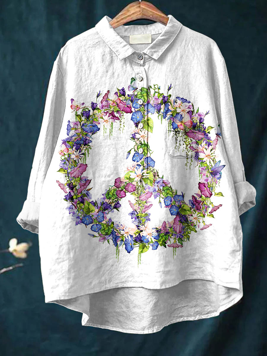 Peace And Love Flower Butterfly Art Pattern Print Casual Cotton And Linen Shirt