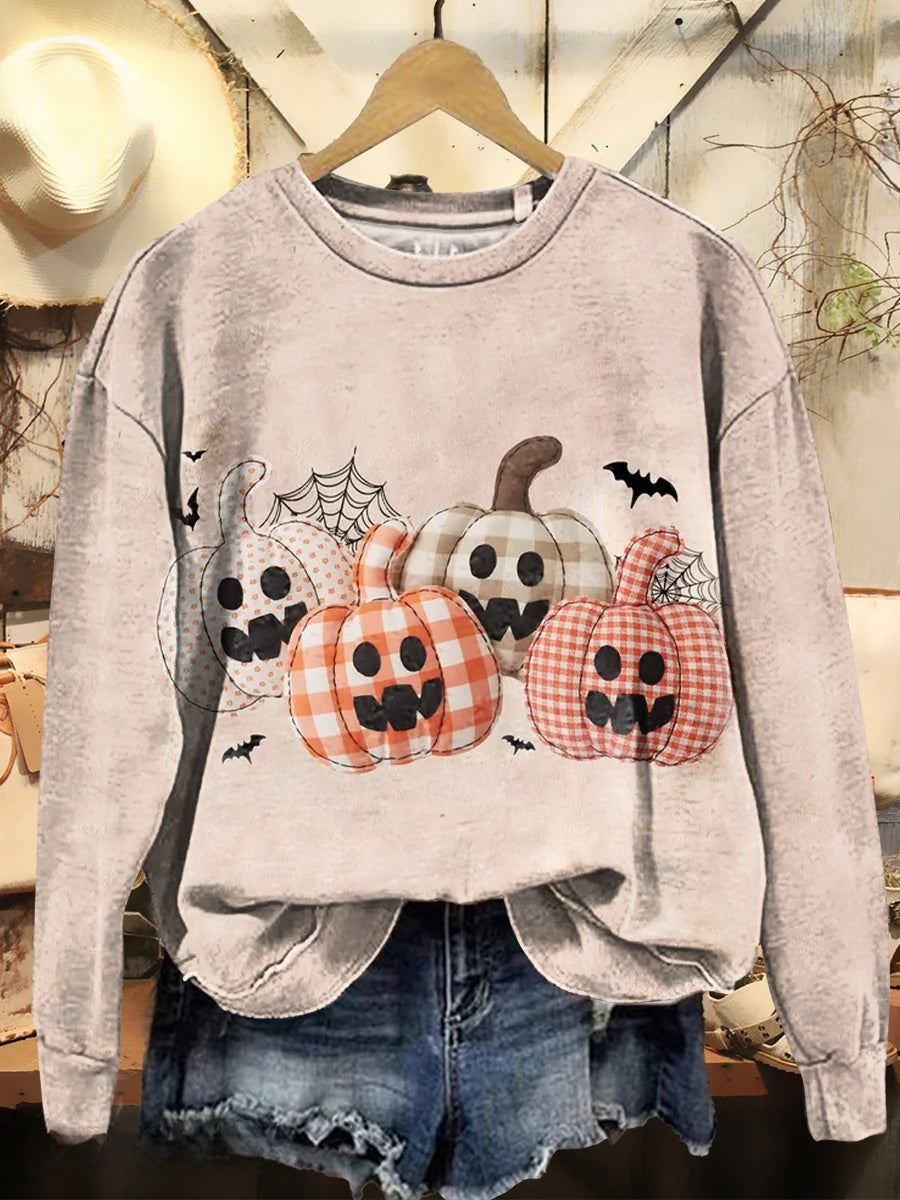 Women's Halloween Pumpkin Patchwork Pattern Printed Round Neck Long Sleeve Sweatshirt