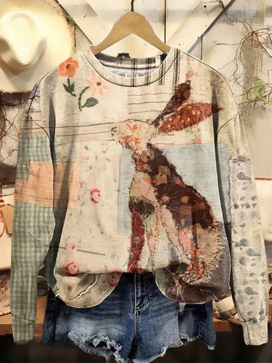 Women's Retro Rabbit Floral Patchwork Pattern Printed Round Neck Long Sleeve Sweatshirt