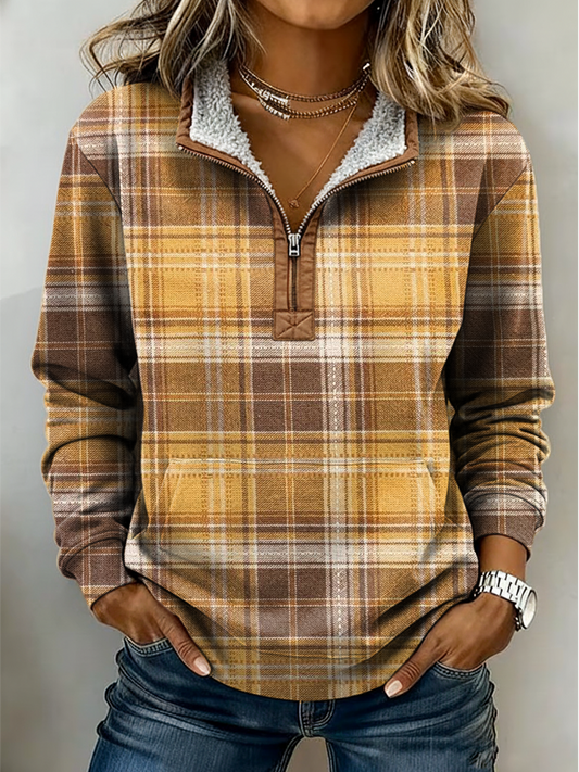 Women's Vintage Plaid Patterns Print Casual Color-blocked Casual Half-zip Cotton Sweatshirt