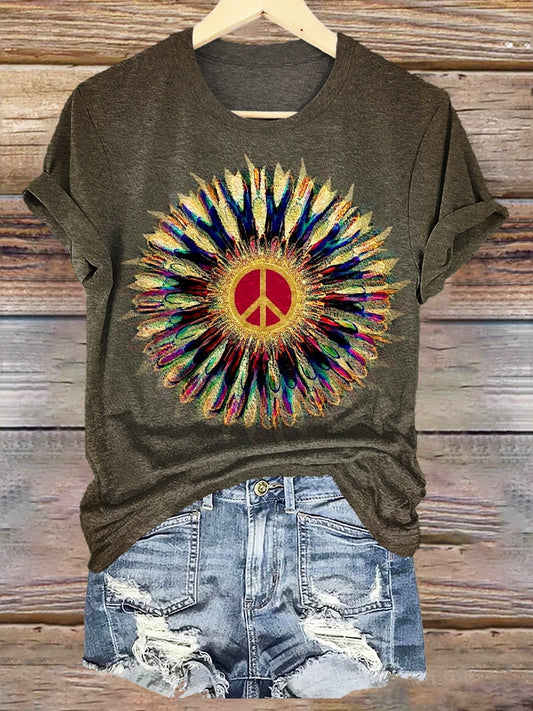 Women's Hippie Peace Sunflower Print Crew Neck T-shirt