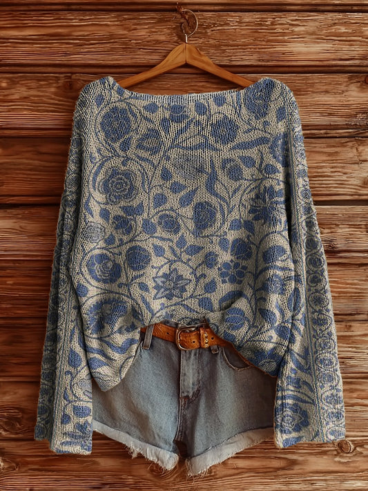 Women's Vintage Floral Pattern Art Print Casual Pullover Sweater